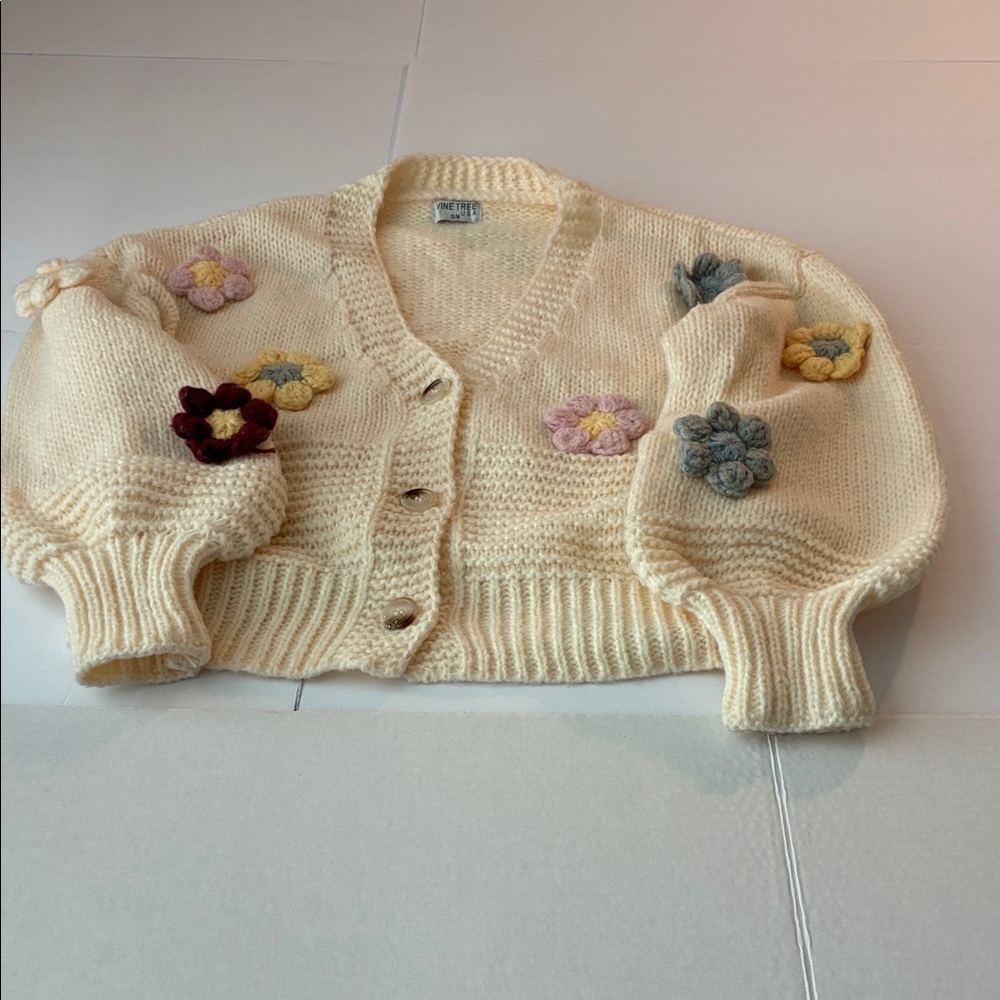 Vine Tree Cream Cardigan with3 D  Floral Accents